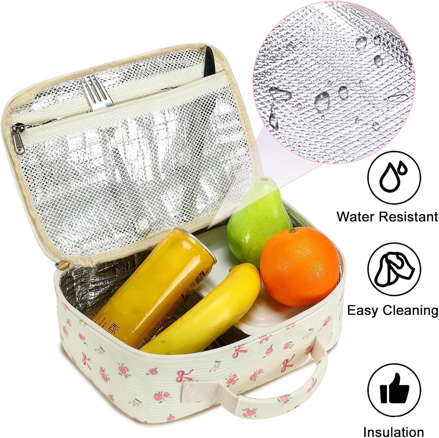 Bluboon Insulated Lunch Bag for Girls & Boys, Corduroy School Lunch Box with Cooler & Organizer Compartments, Leak-Proof Lunch Tote for School, Travel (Corduroy Strawberries Beige)