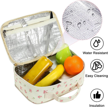 Bluboon Insulated Lunch Bag for Girls & Boys, Corduroy School Lunch Box with Cooler & Organizer Compartments, Leak-Proof Lunch Tote for School, Travel (Corduroy Strawberries Beige)