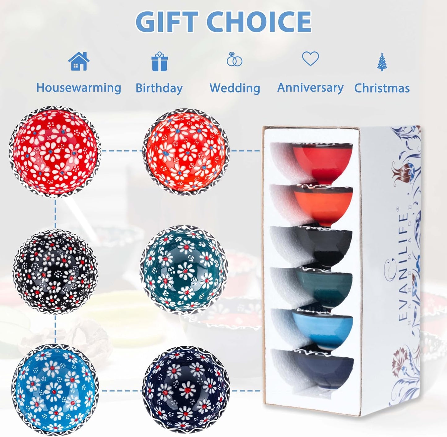 Ceramic Small Dipping Bowls Set of 6, 3.5 Oz Soy Sauce Dish, Handmade Charcuterie, Colorful Pinch, Dishwasher & Microwave Safe, 3.2'' Mini (SULTAN'S GARDEN)
