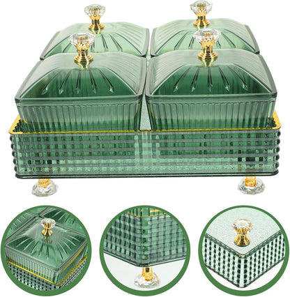 Luxshiny 7.28 Inch Snack Platter with 4 Covered Bowls and Tray Divided Serving Plate for Dried Fruit Candy Nuts Party and Home Entertaining Food Storage Bowl
