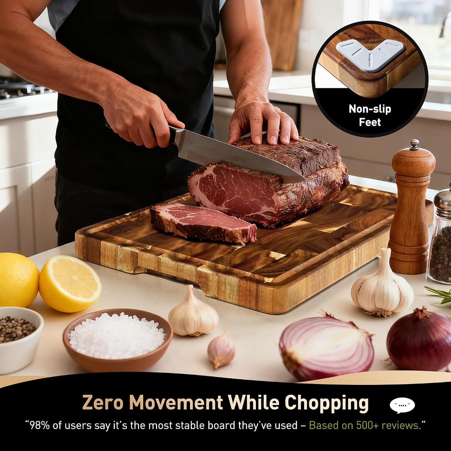 End Grain Cutting Board for Kitchen with Non-slip Feet, Acacia Wood Heavy Duty Checkered Cutting Board Upgraded Chopping Board with Juice Groove & Handle Large Wooden Butcher Block with Gift Box