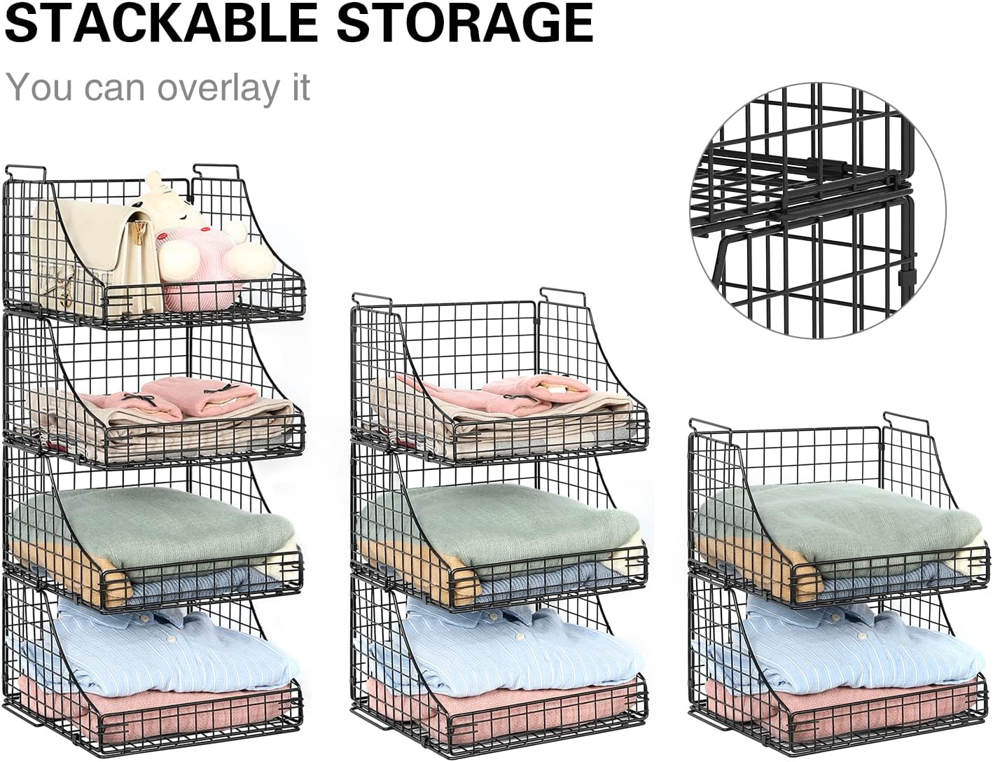 Lyuwanxian 4-Pack Stackable Wire Baskets for Closet Organizers and Storage, Open Storage Bins for Clothes, Toys, and Snacks - Rustic Metal Closet Organizer and Shelves in Black