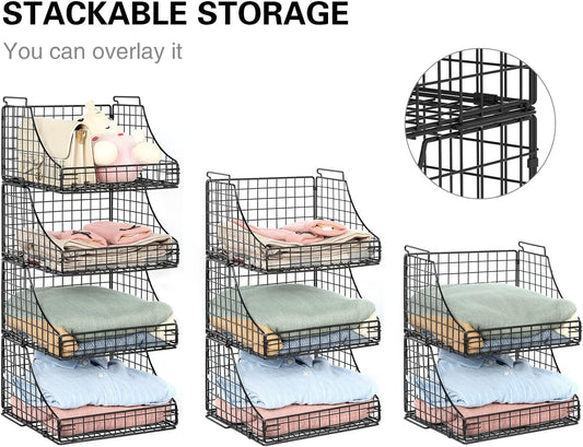 Lyuwanxian 4-Pack Stackable Wire Baskets for Closet Organizers and Storage, Open Storage Bins for Clothes, Toys, and Snacks - Rustic Metal Closet Organizer and Shelves in Black