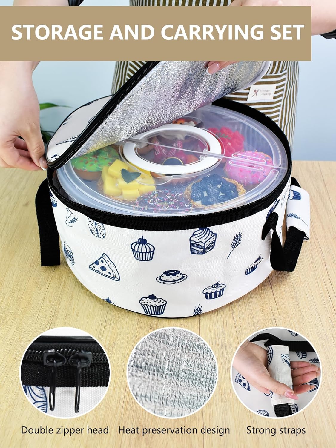 Artcome 2 Pack 12" Round Food Storage Container Set with Insulated Carrying Bag, Reusable Pizza Keeper with Divider, Stackable Pie Carrier for Pizza, Cake, Pastries & Leftovers