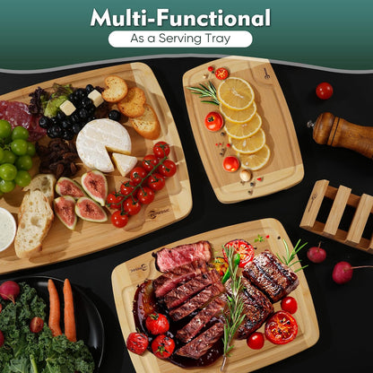 Wood Cutting Board Carbonized Bamboo Set With Smooth Surface Set 4 Packs with Non Slip Feet Holder and Over Sink Solid Thick Durable Wood Charcuterie Cheese Serving Tray Kitchen Gadgets (Carbonized)