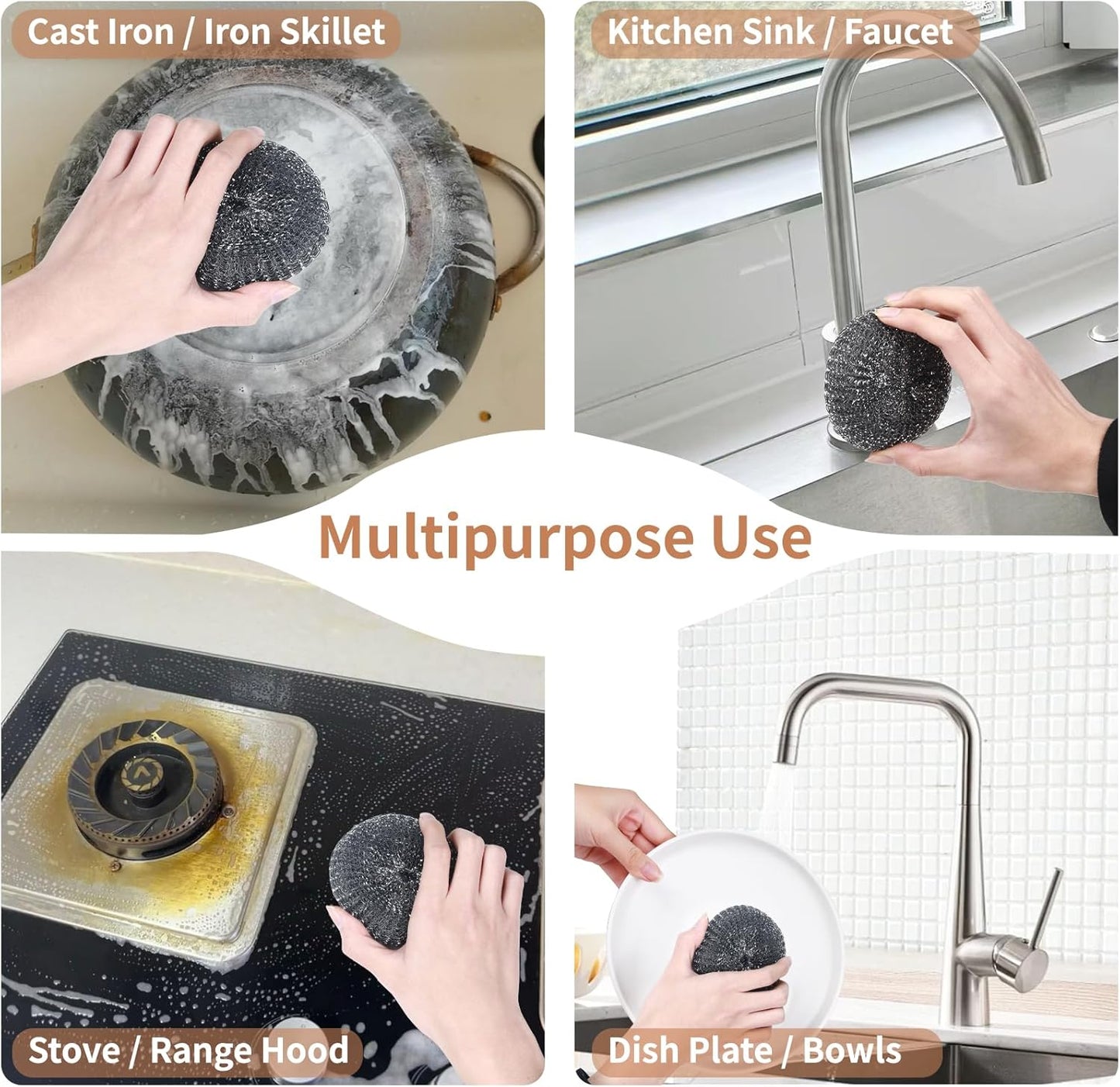 5Pcs Steel Wool Scrubber with Replacement Wire Sponge Pads Set, Stainless Steel Scrubber with Handle for Scouring Stubborn Messes from Cast Iron, Pots, Pans, Grill, Stoves, Sink(1 Scrubber+4 Pads)