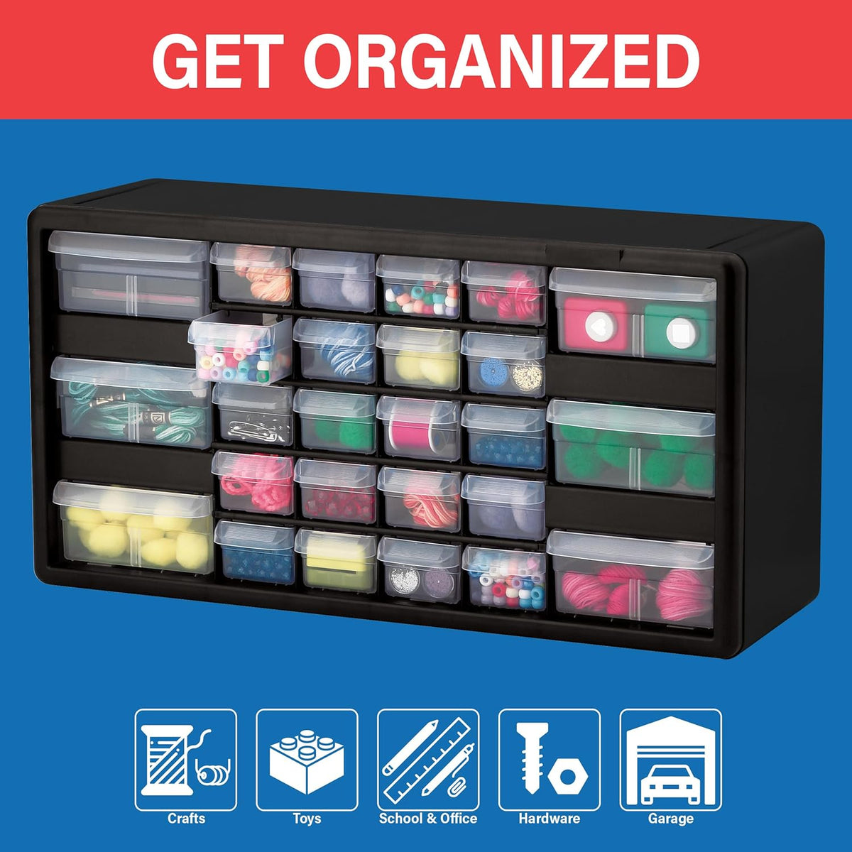 Akro-Mils 44-Drawer Plastic Drawer Storage Cabinet for Garage Organization, Bead Organizer, Building Bricks Storage, Teacher Toolbox, Makeup Organizer, 20" W x 6" D x 16" H, 10144 Black