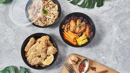 FULING 32 oz 50 ct Round Meal Prep Containers with Lids Plastic Food Storage Lunch Plan To Go Box Disposable Take Out Bowls Black BPA Free Reusable Durable Stackable Microwave Freezer Dishwasher Safe