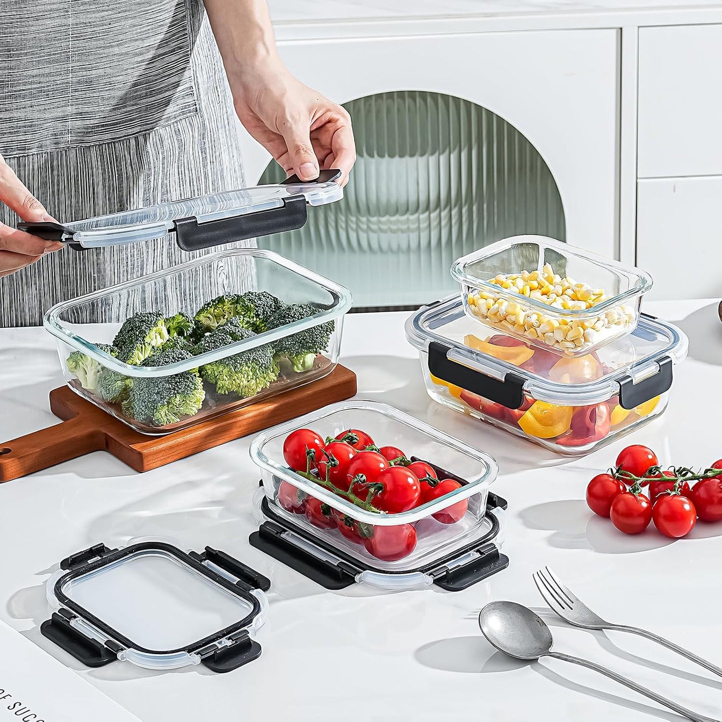 Glass Food Storage Containers with Airtight Locking Lids, 4-Piece Set, Nesting Design