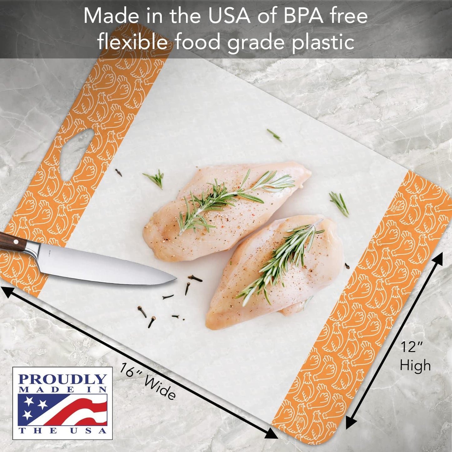 Cut N' Funnel Non-Slip Flexible Plastic Cutting Board Mat 4 Pack, Made in the USA Clear with Brightly Patterned Food Type Borders BPA Free 16" by 12"