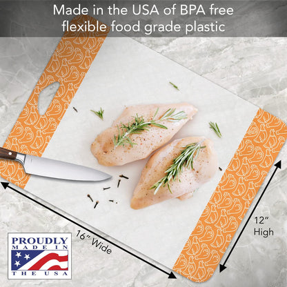 Cut N' Funnel Non-Slip Flexible Plastic Cutting Board Mat 4 Pack, Made in the USA Clear with Brightly Patterned Food Type Borders BPA Free 16" by 12"