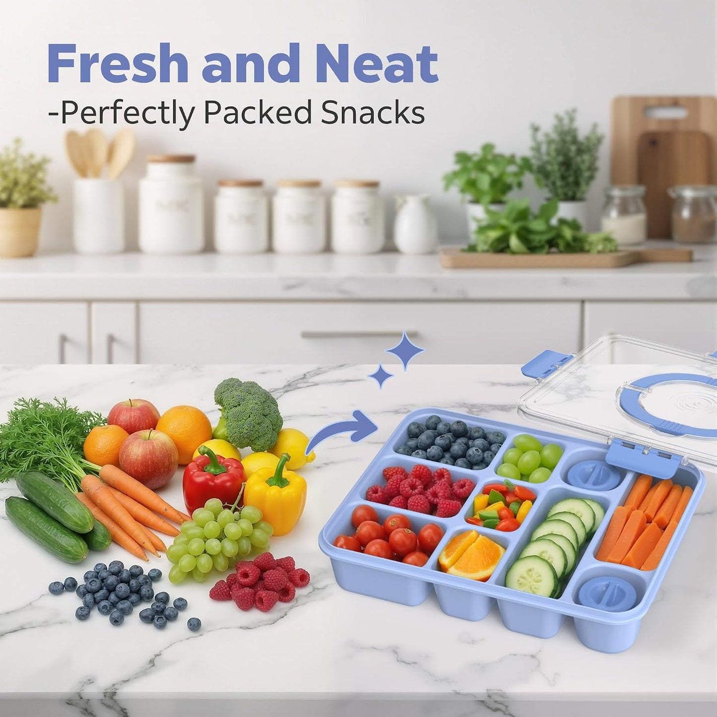 Snackle Box Container for Adults with 10 Compartment, Divided Serving Tray with Lid and Handle and 2 Sauce Containers, Portable Snack Box Container for Charcuterie Party Travel, Purple