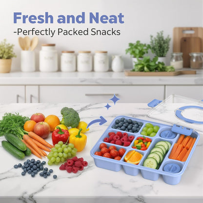 Snackle Box Container for Adults with 10 Compartment, Divided Serving Tray with Lid and Handle and 2 Sauce Containers, Portable Snack Box Container for Charcuterie Party Travel, Purple
