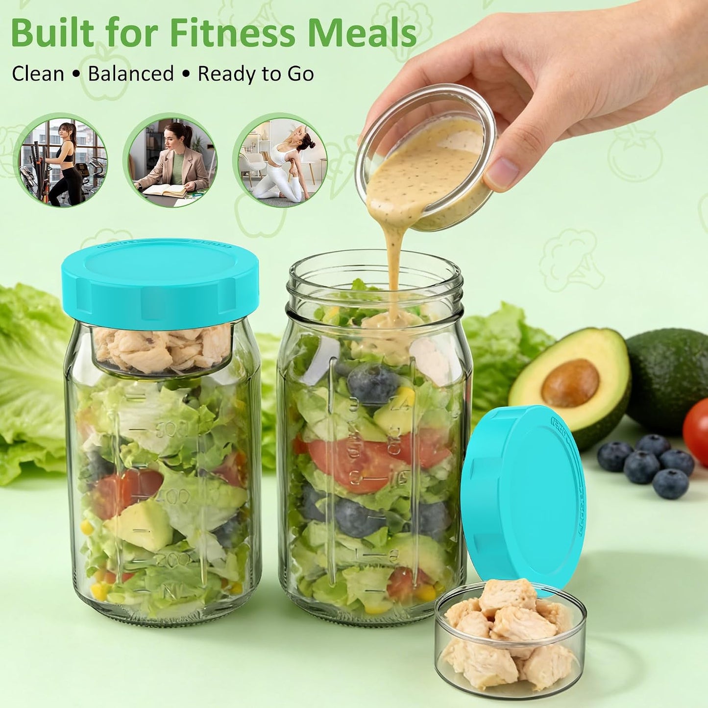 4Pack Glass Salad Jars with Lids, 32oz Salads Mason Jars with Wet/Dry Separation Cup, Meal Prep Salad Containers for Lunch, Leakproof Wide Mouth Food Storage Containers, BPA-Free Reusable (Black)