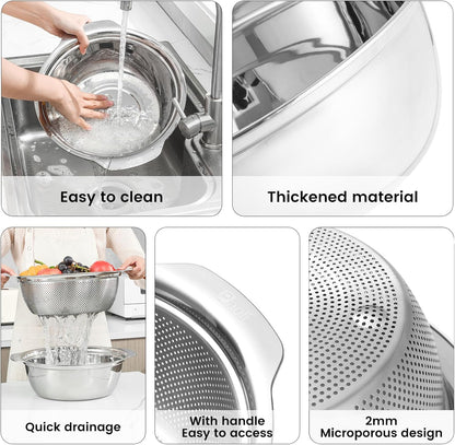 Paoli 304 Stainless Steel Fine Mesh Colander Set, 3.5QT Large Capacity Strainer with Mixing Bowl — Rinse Fruits, Veggies, Rice & Drain Pasta, Dishwasher Safe (2-Piece)