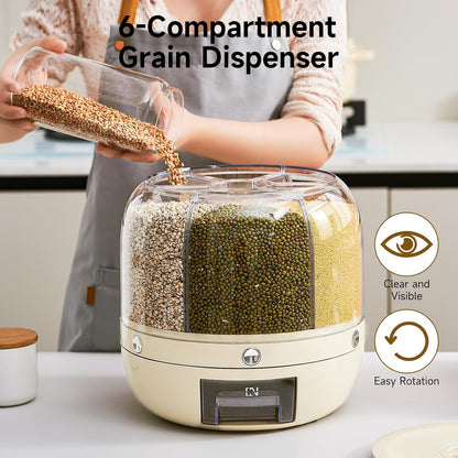 UFORU Rice Dispenser | 360° Rotating Grain Storage Bin - 6 Grids, 20LBS Large Capacity Food Container, Moisture-Proof, One-Click Output for Rice, Beans & Pet Food - Kitchen Pantry Organizer