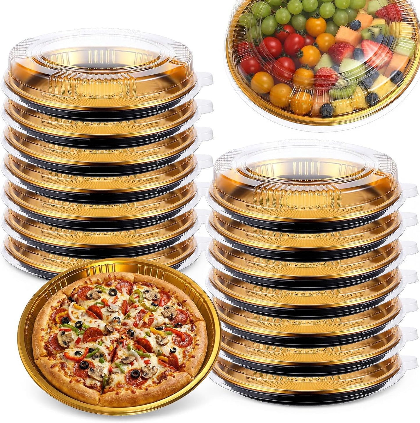 15 Pack Disposable Pie Carrier with Clear Lid, 9'' Round Cake Pies Carriers Plastic Cake Containers Serving Tray Pie Platters Pizza Container for Pies Salad Meal Prep