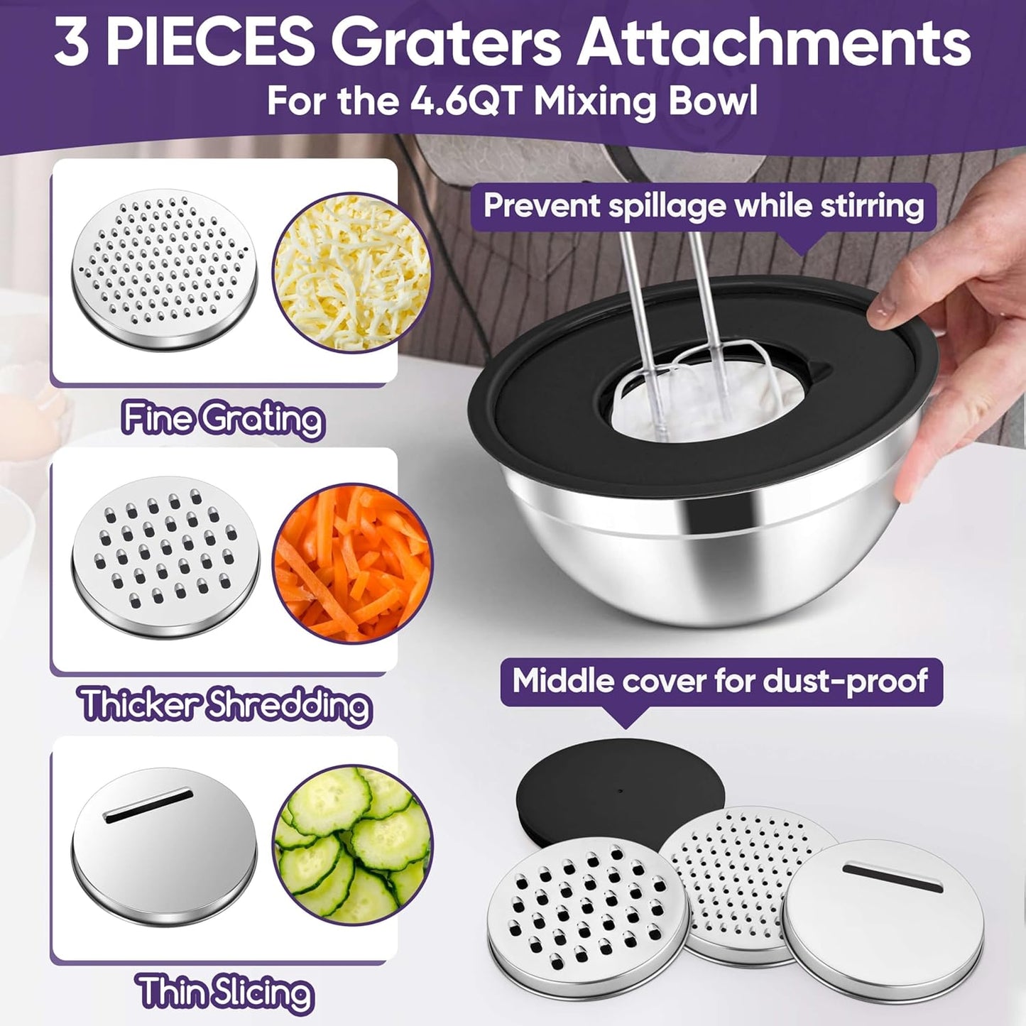 Herogo 5-Piece Mixing Bowls with Airtight Lids, 3 Grater Attachments, Stainless Steel Salad Serving Bowls for Kitchen, Size 4.6, 3.5, 2.5, 2, 1.5QT Ideal for Prepping & Cooking, Black