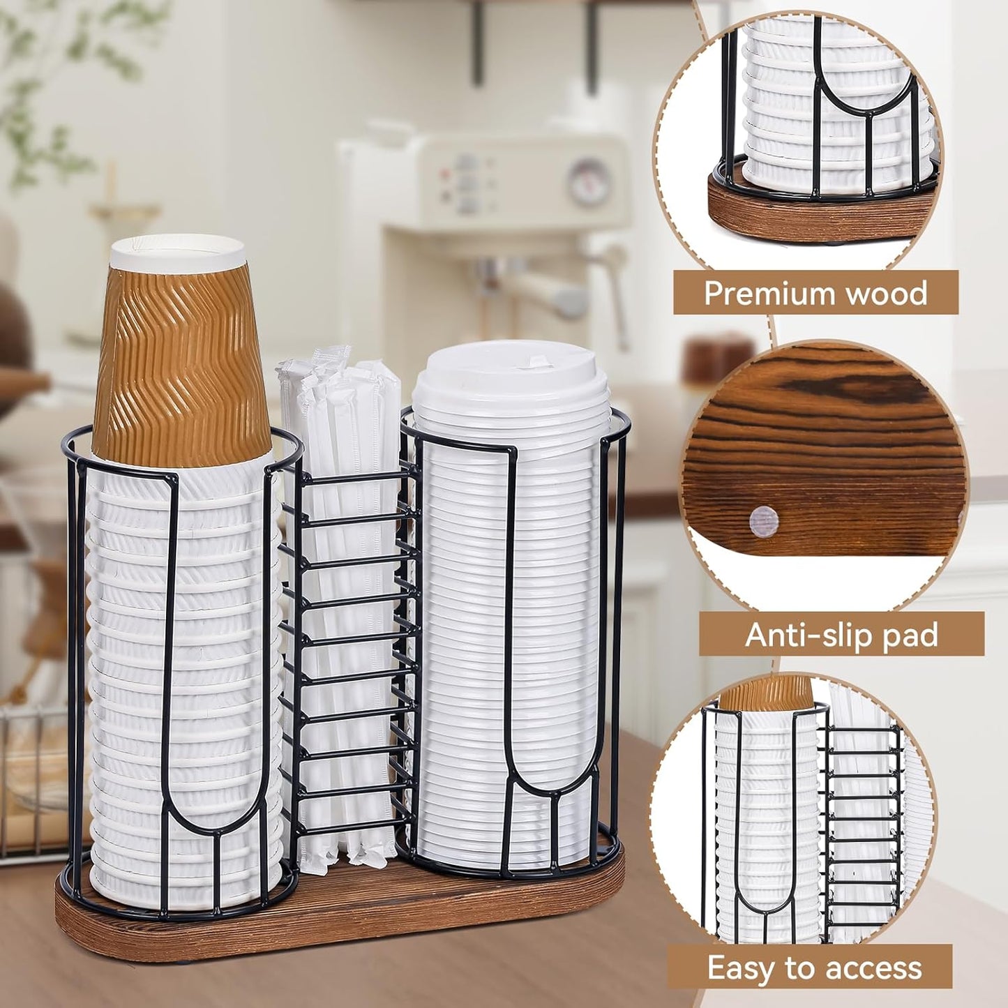 Coffee Cup Dispenser, 3 Compartment Disposable Cup and Lid Holder with Wood Base, Coffee Cup Organizer for Countertop Plastic Cup Station