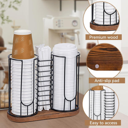 Coffee Cup Dispenser, 3 Compartment Disposable Cup and Lid Holder with Wood Base, Coffee Cup Organizer for Countertop Plastic Cup Station