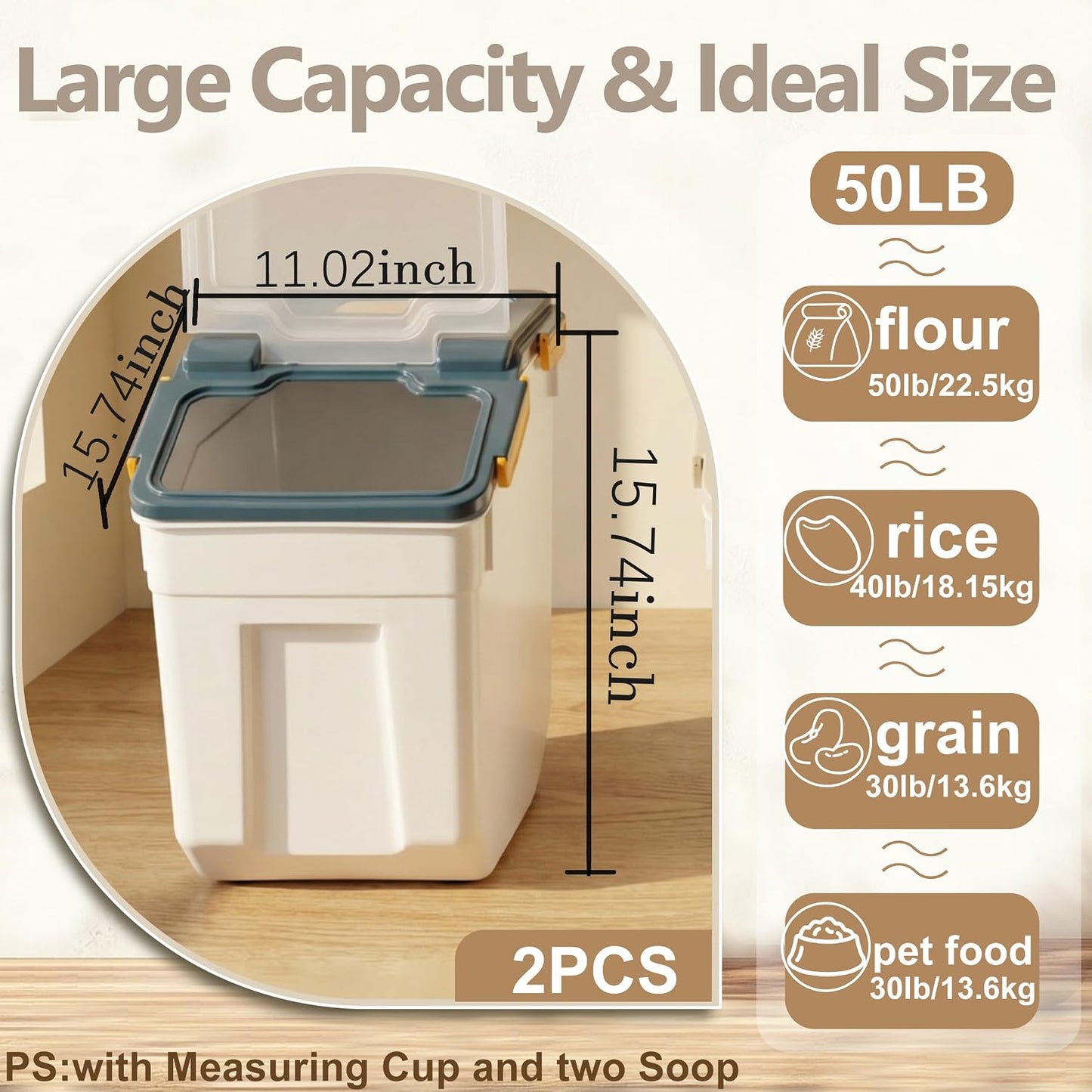 RUIAN 2Pcs Large Flour Storage Container Bin 50Lb Airtight Rice Storage Containers with Wheels Seal Locking Lid, BPA Free with Measuring Cup&Scoop for Flour, Rice, Grain 100LBS Total (Blue)