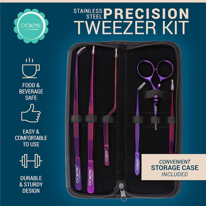 O'Creme Set of Culinary Tweezer Tongs Offset, Straight and Curved, Plus Super Sharp Chef Scissors, Total 6 Pieces (Rose Gold)