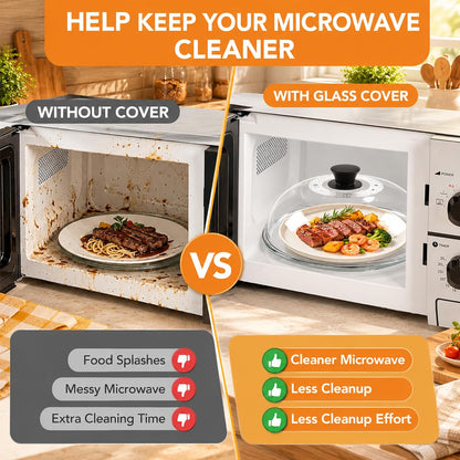 11.5in Tall Glass Microwave Splatter Cover for Food – Heat Resistant Plate Splatter Guard Lid with Vent Hole & Easy-to-Grip Handle – No Plastic, Dishwasher Safe – Borosilicate Glass