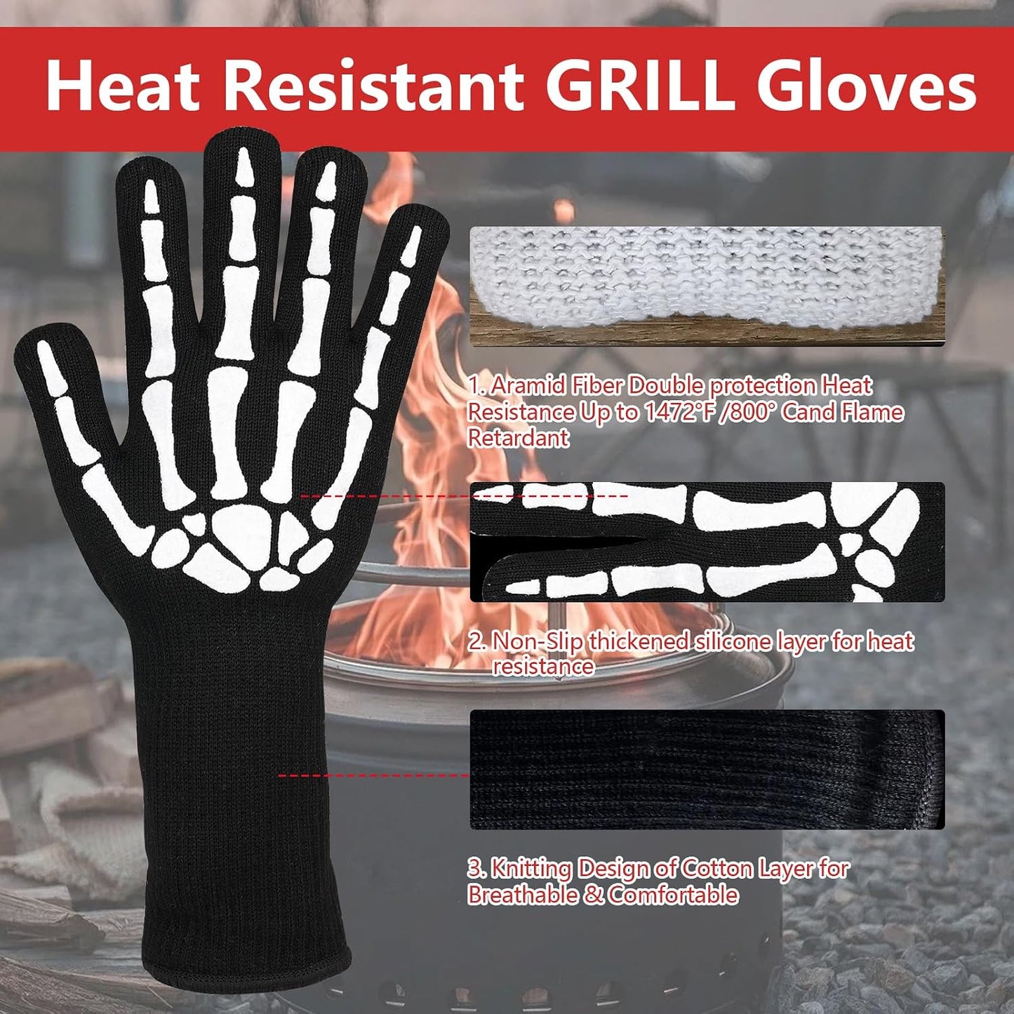UBeesize Lengthen BBQ Gloves (Phoenix), 1472°F Heat Resistant Grill Glove, 14 inch Fireproof Oven Gloves for Cooking, Non-Slip Fire Glove for Grilling, Barbecue, Smoker, Baking, Frying