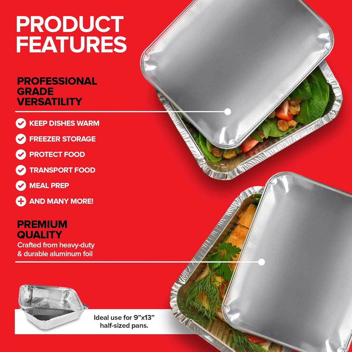 Stock Your Home 9x13 Aluminum Trays with Lids (10 Pack) – Disposable Half Size Deep Pans for Cooking, Storage, BBQ, Grilling, Catering