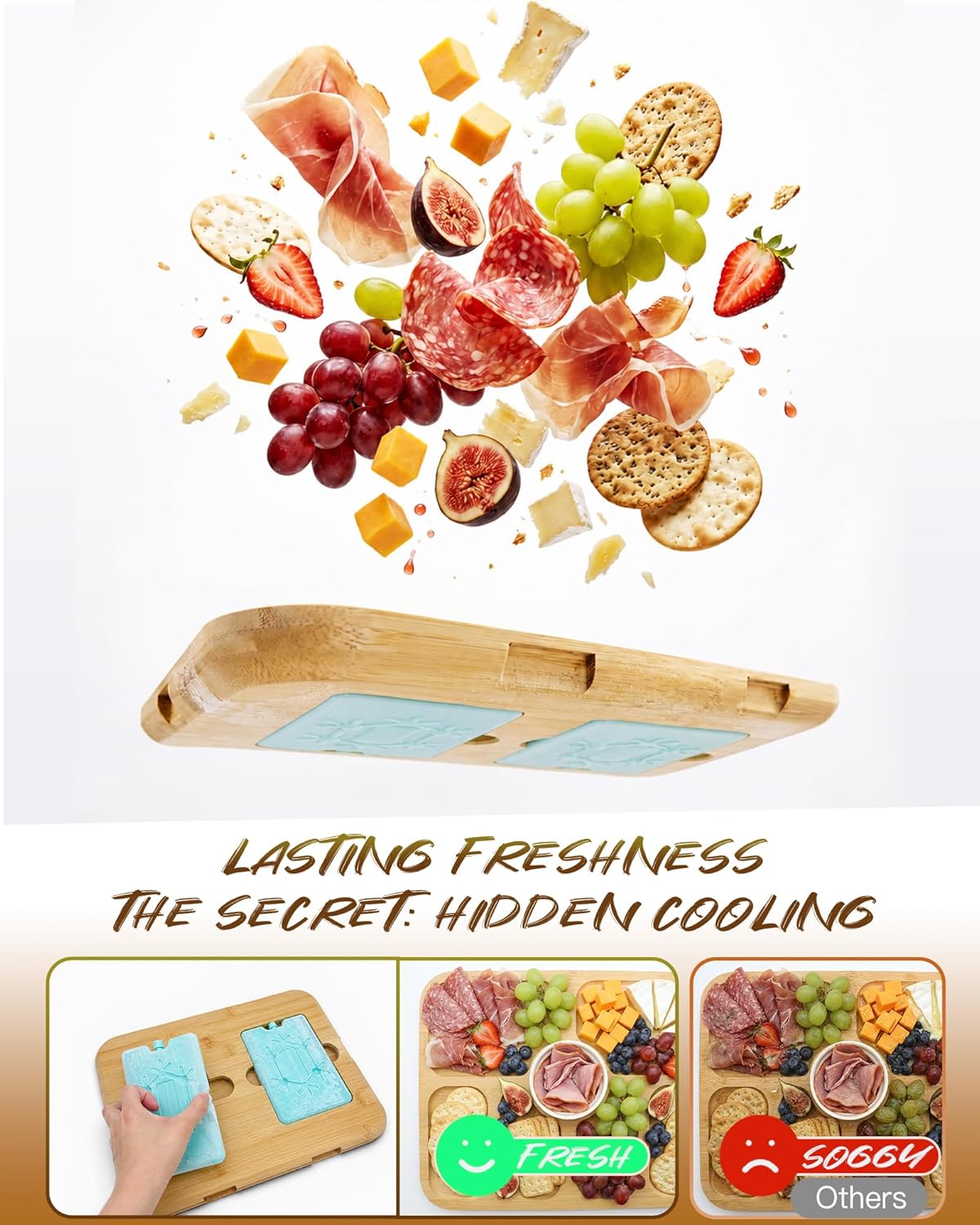 Charcuterie Board with Lid & Ice, Upgraded 6 Snap Laches, Sauce Cup Included, Large Portable Cheese Tray with Handle, Serving Tray for Picnic & Pool, House Warming Gifts New Home (Black)