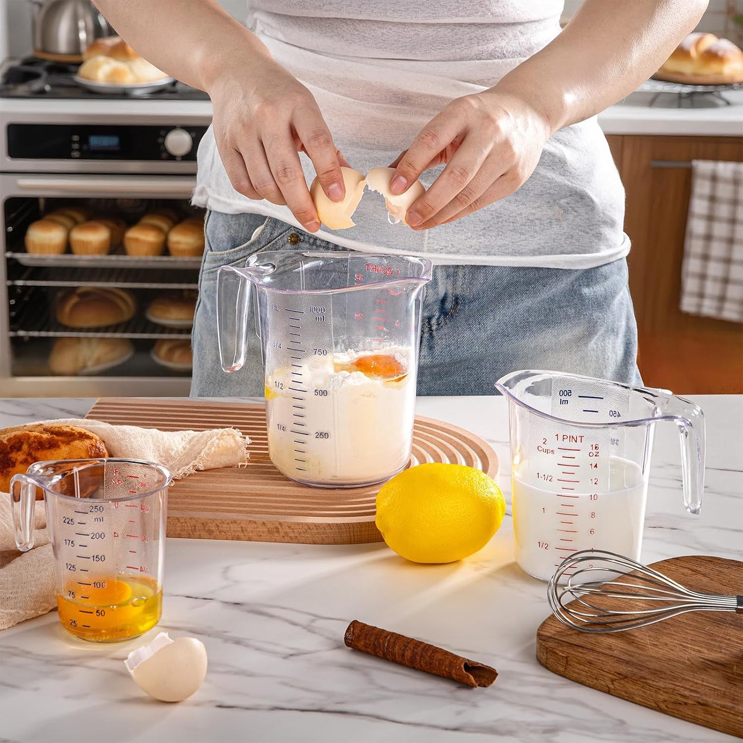 DaYammi Measuring Cups 3-Piece, Unbreakable Food-Grade Plastic Measuring Cup for Dishwasher, 1/2/4-Cup Nesting Liquid Measuring Cups for Prepping, Baking, Cooking, Readable Markings, Clear