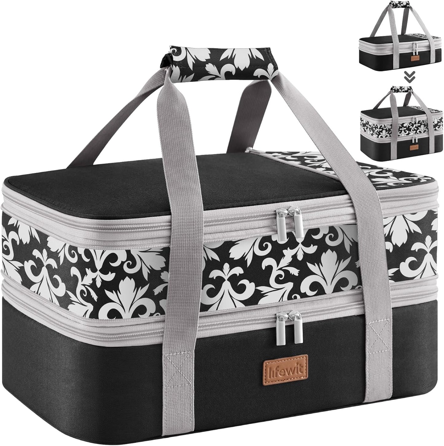Lifewit Insulated Double Decker Casserole Carrier, Expandable Lasagna Lugger Tote Bag for Hot or Cold Food, Fits 9" x 13" Baking Dish for Potluck Parties, Picnic and Cookouts, Grey-Geometric