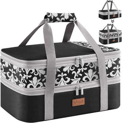 Lifewit Insulated Double Decker Casserole Carrier, Expandable Lasagna Lugger Tote Bag for Hot or Cold Food, Fits 9" x 13" Baking Dish for Potluck Parties, Picnic and Cookouts, Grey-Geometric