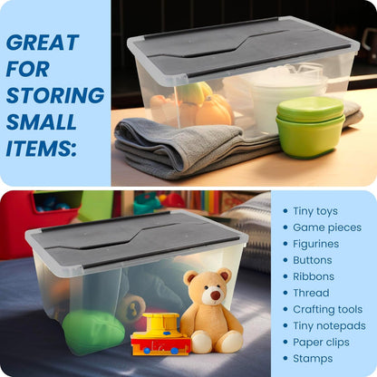 ORGANIZE-IT!, 6-Pack Flip-Top Tote 28 Qt, Storage Bin with a Clear Plastic Base, Black Lid, Stackable, 18" L X 12" W X 8" H