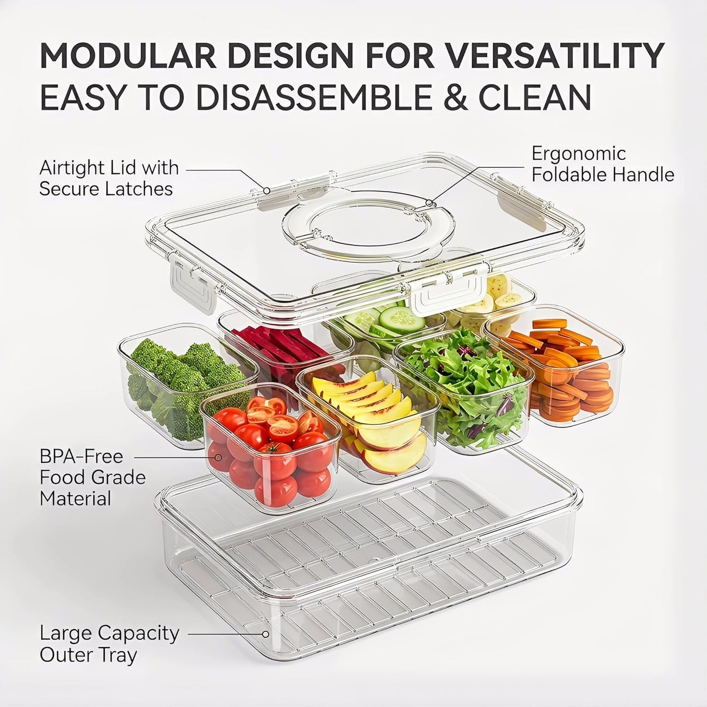 8 Compartments Divided Snackle Box Container with Lid & Handle,Portable Clear Serving Tray Platter for Fruit,Candy,Veggies,Snacks for Picnic,Travel,Beach,Entertaining