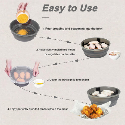 FJNATINH Collapsible Batter Bowl - Mess Free Better Breader Shaker Bowl with Lid Breading Shaker Container for Fried Fish, Fried Chicken, Onion Rings & More,No Leak,Easy to Store,Light Blue