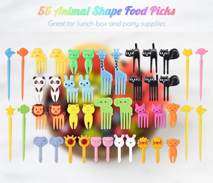 Animal Food Picks for Kids - 55 Pcs Cute Cartoon Fruit Toothpicks for Bento Box, Lunch, Snacks - BPA-Free, Reusable, Fun Kids Food Picks