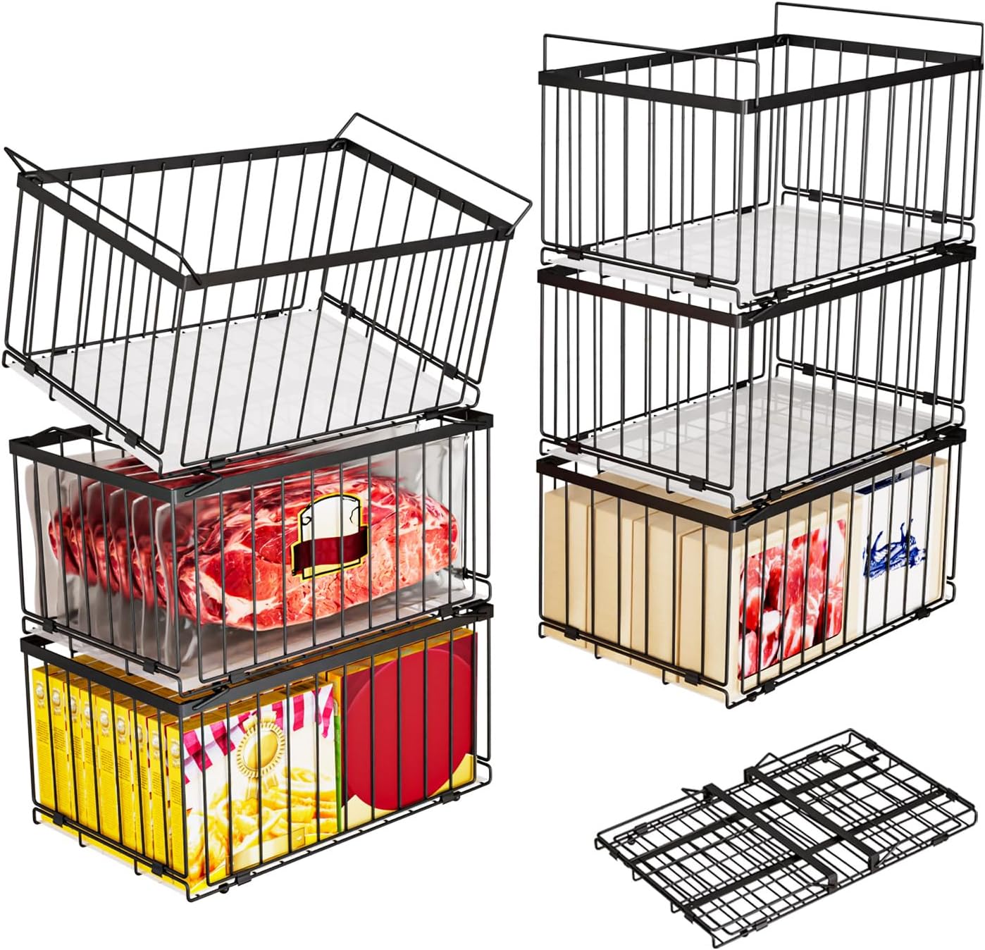 Large Freezer Organizer Bins, Upgrade Quick Expand/Collapse Feature, for 5-9 Cu.Ft Deep Freezer, 3 Pack Stackable Deep Freezer Organizer Bins, Black Wire Foldable Baskets (Black 3 Pack)