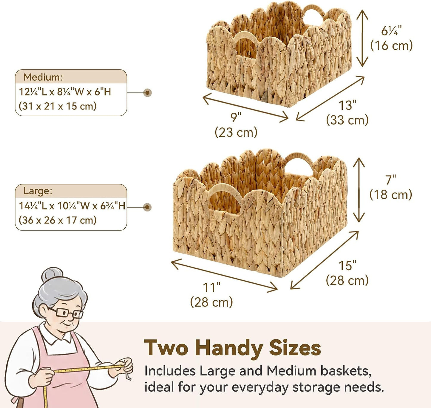 GRANNY SAYS Wicker Storage Baskets for Shelves, Water Hyacinth Basket with Scalloped Edge, Storage Wicker Baskets for Pantry, Large, 2-Pack
