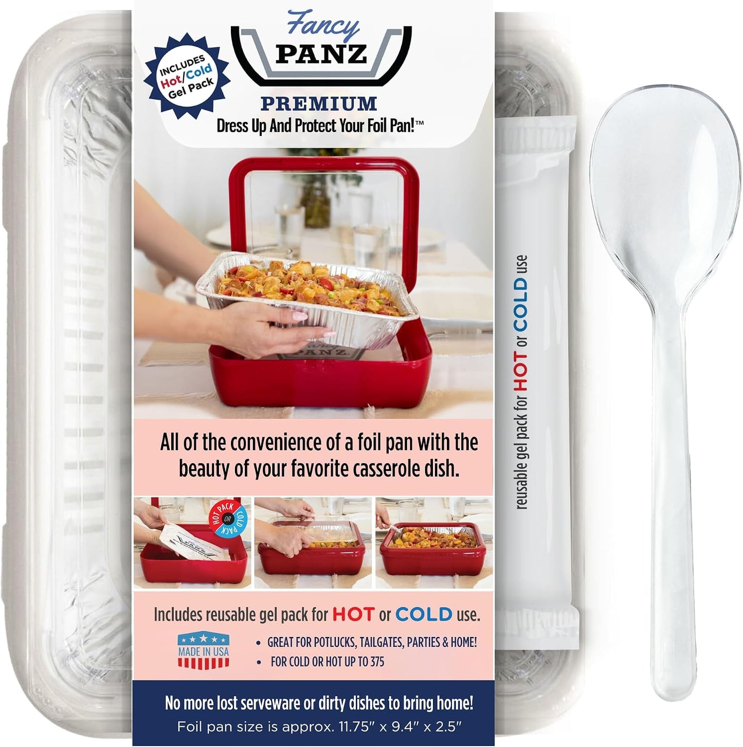 Fancy Panz Red Premium Aluminum Foil Pan Carrier with Secure Latch Lid - Reusable Casserole Carrier for Half Size Pans - Food Transport Holder for Potlucks, Parties, Tailgates & Entertaining