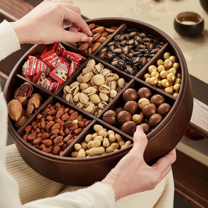 12" Wooden Serving Tray with Lid, 360° Rotating Snack Try, 9 Compartments, Platter Organizer for Snacks, Candy, Nuts, Chips, Tray for Party, Family Dinner for Mom