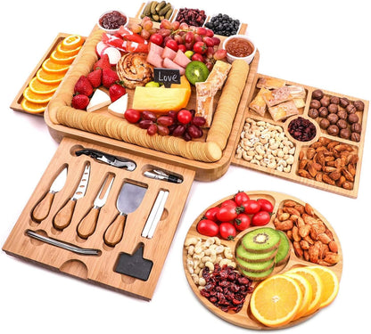 Charcuterie Boards Gift Set Bamboo Cheese Board and Knife Set, Cheese Tray Magnetic Charcuterie Boards Set, 15 x 13 x 2 Inch for Cheese Meat Fruit Gift for Birthdays Wedding Registry Housewarming