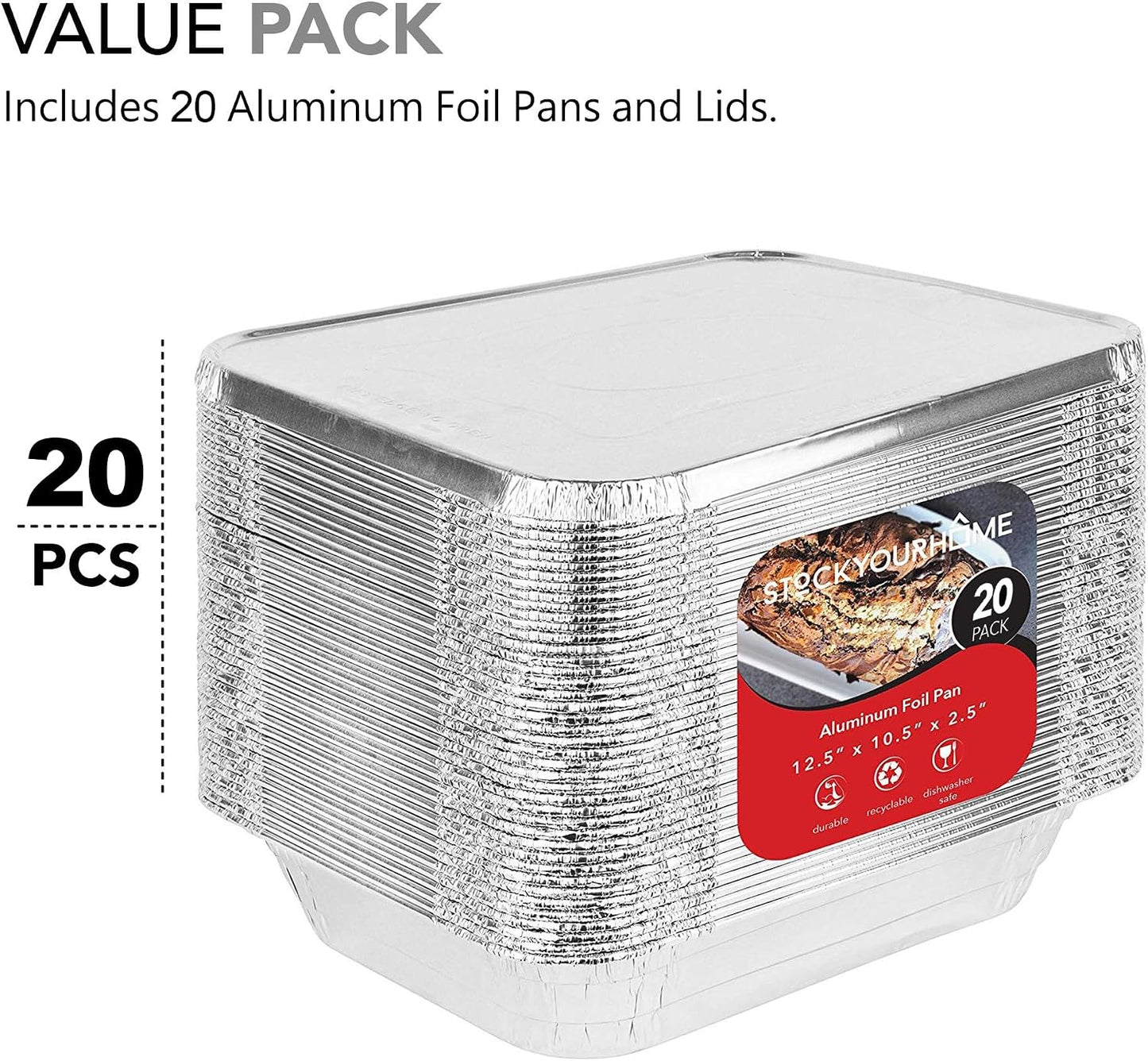 Stock Your Home 9x13 Aluminum Trays with Lids (10 Pack) – Disposable Half Size Deep Pans for Cooking, Storage, BBQ, Grilling, Catering