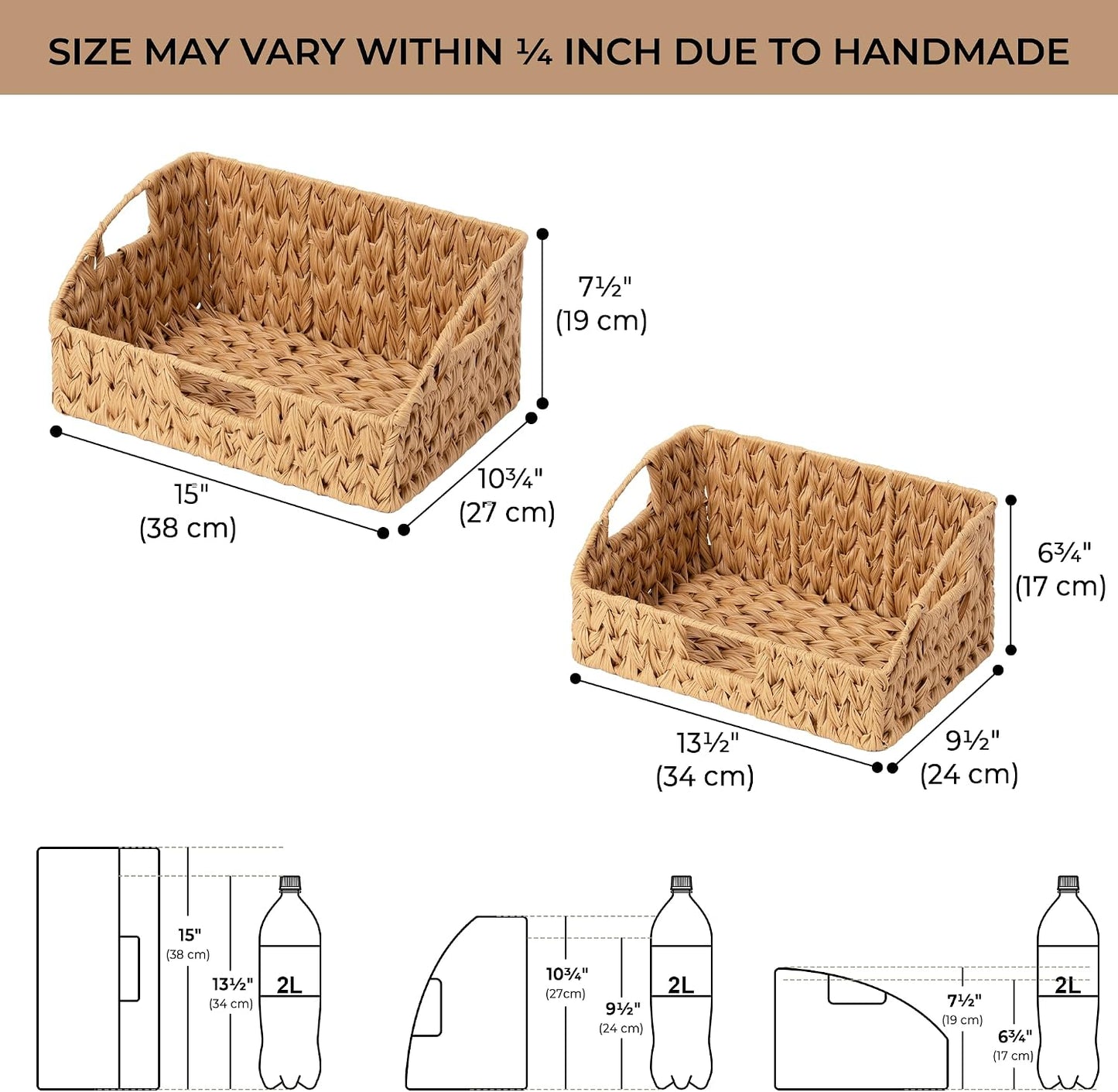 GRANNY SAYS Wicker Storage Baskets for Shelves, Trapezoid Woven Basket with Handles, Storage Wicker Baskets for Pantry, Water Hyacinth, 2-Pack