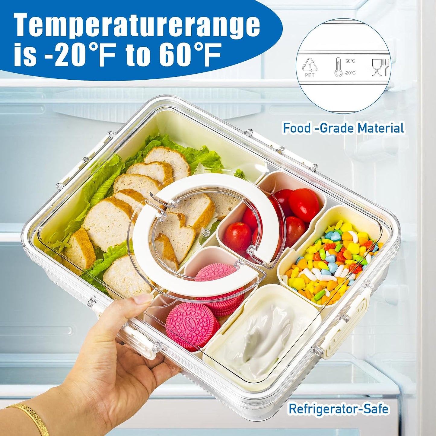 Bandesun Divided Serving Tray with Lid and Handle - Snackle Box Charcuterie Container for Portable Snack Platters - Clear Organizer for Candy, Fruits, Snacks，Nuts - Perfect (Pack of 2)
