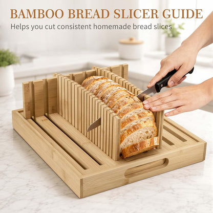 Bread Slicing Guide, Bamboo Bread Slicing Guides with Adjustable Width, Crumb Catcher & Serve Tray for Homemade Bread Cut