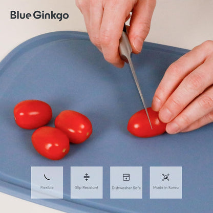 Blue Ginkgo Silicone Cutting Boards – Set of 3 (Small, Medium, Large) – Double-Sided, Thick, Flexible, Non-Slip, BPA Free – Juice Grooves, Dishwasher Safe (Made in Korea, Grey)