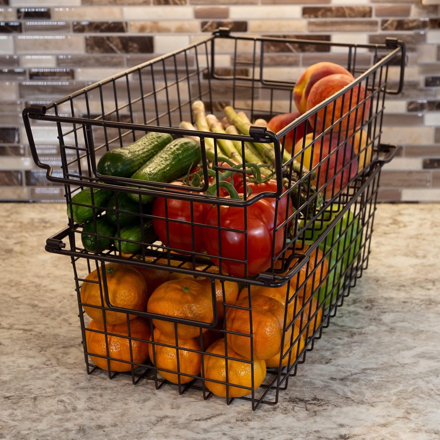 Home-Complete 2 pcs Medium Stackable Wire Baskets, 16"x12" Organizer Stacking Storage Bins for Shelf, Pantry, Kitchen, Cabinets, can also be used in Chest Freezers (Brown)