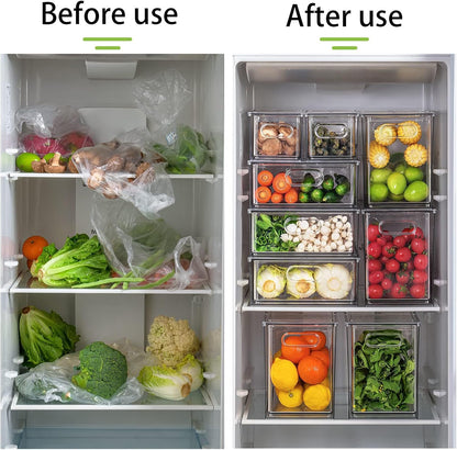 Mano Stackable Fridge Drawers Pull Out Bins with Handle Clear Refrigerator Drawers Organizer Food Storage Container Box with Dividers Plastic Produce Saver for Pantry, Cabinet, Kitchen, Clothes（7Pack）