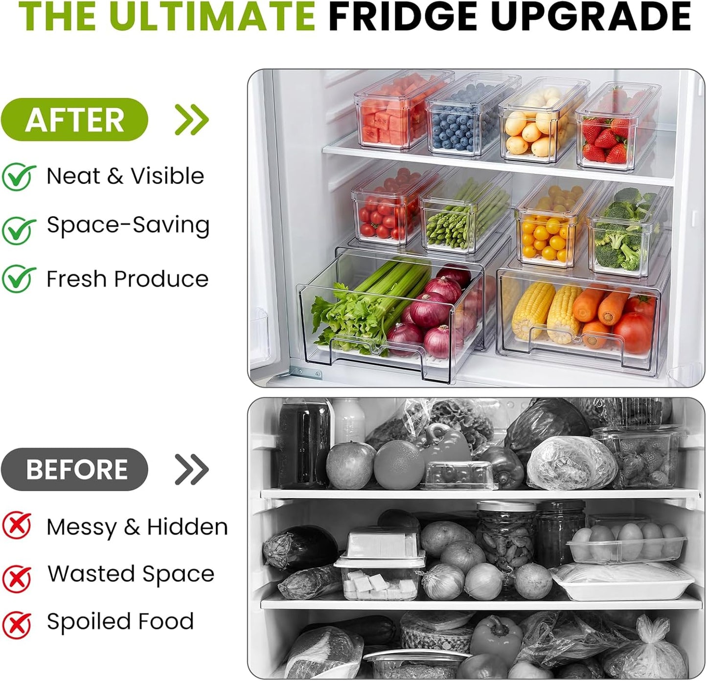 6Pack Fridge Organizers and Storage,Stackable Fridge Organizer Bins with Lids, 2 Pull Out Fridge Organizers and 4 Storage Container with Drain Tray for Fruits, Vegetables, Drinks, Snack and Food